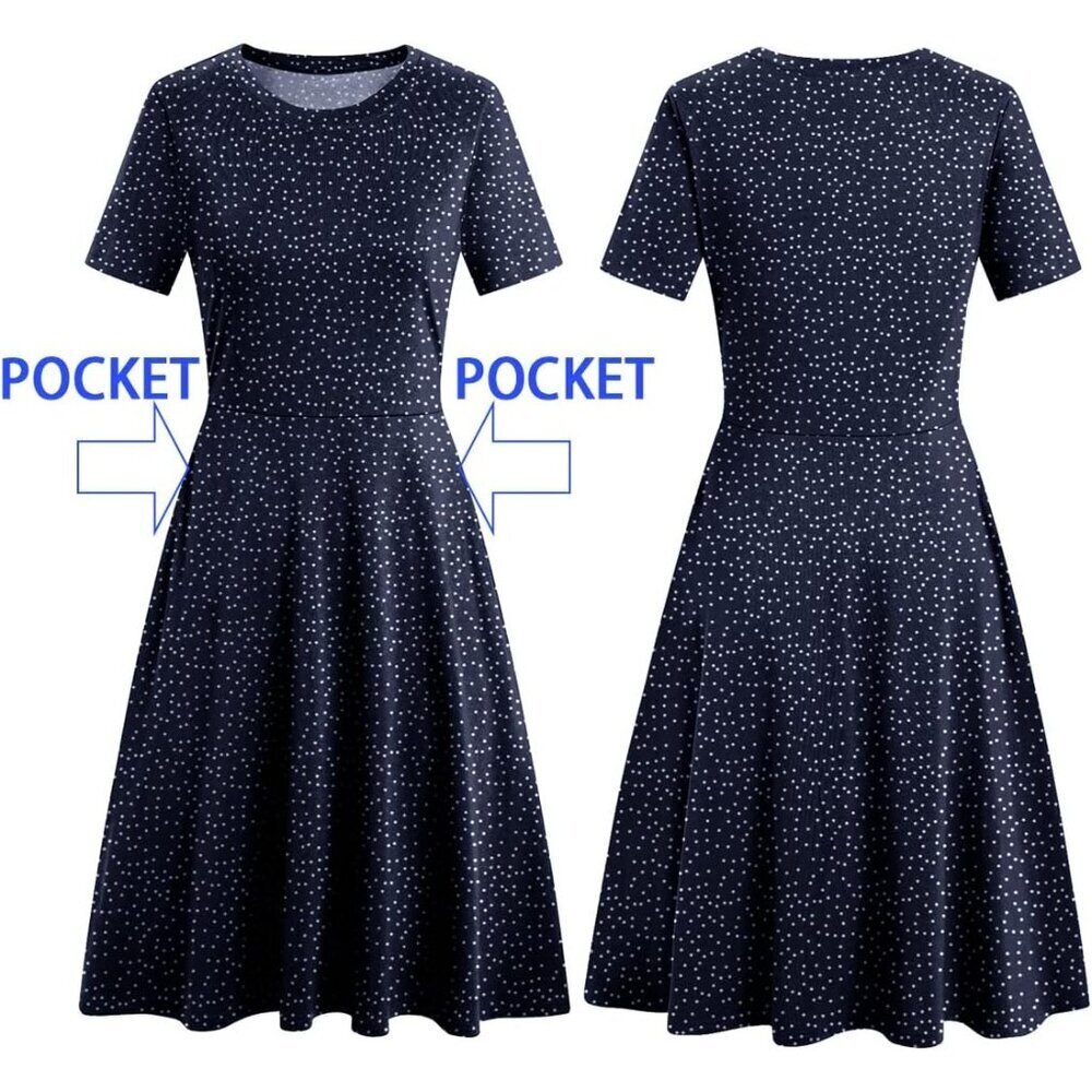 Women's Navy Dot Elegant Knee Length Vintage A-Line Swing Dress with Pockets - Picture 6 of 6